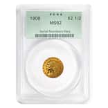 1908 $2.5 Indian Head Quarter Eagle Gold Coin PCGS MS 62
