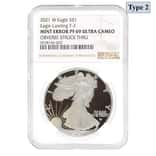 2021-W 1 oz Proof Silver American Eagle Type 2 NGC PF 69 Mint Error (Obv Struck Thru)