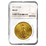 1911 D $20 Gold Saint Gaudens Double Eagle Coin NGC MS 63