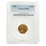 1909 $2.5 Indian Head Gold Quarter Eagle Coin PCGS MS 62