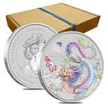 Box of 100 - 2024 1 oz Colorized Lunar White Dragon Silver Coin BU Perth Mint