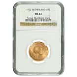 1912 Netherlands Gold 10 Guilder Wilhelmina NGC MS 63