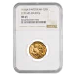 1935 LB Swiss Gold 20 Francs Helvetia NGC MS 65