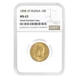 1898 AT Russia 10 Roubles Nicholas II Gold Coin NGC MS 63