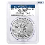 2021 (W) 1 oz Silver American Eagle Type 2 PCGS MS 70 FDOI (West Point)