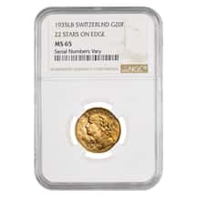 1935 LB Swiss Gold 20 Francs Helvetia NGC MS 65