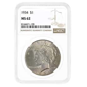 1934 Peace Silver Dollar $1 NGC MS 62 (US Mint, 90%)