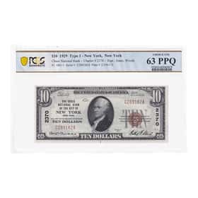 1929 $10 Type 1 New York Chase National Bank Note PCGS UNC 63