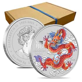 Box of 100-2024 1 oz Colorized Lunar Red Dragon Silver Coin BU