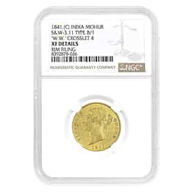 1841 India Mohur Type B/1 Crosslet Gold Coin NGC XF Details
