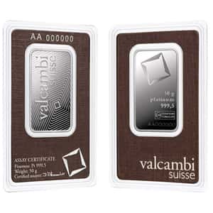 50 Gram Platinum Bar - Valcambi Suisse .9995 Fine (in Assay)