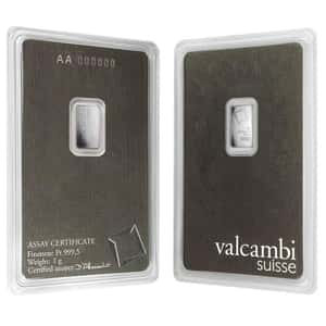 1 Gram Platinum Bar - Valcambi Suisse .9995 Fine (in Assay)