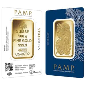 100 Gram Gold Bar PAMP Suisse Lady Fortuna Veriscan .9999 Fine (in Assay)