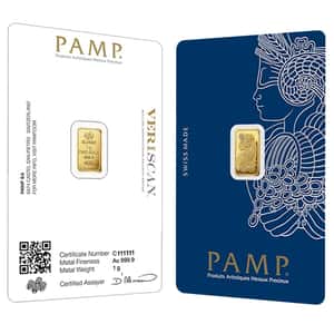 1 Gram Gold Bar PAMP Suisse Lady Fortuna Veriscan .9999 Fine (in Assay)