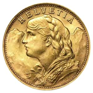 20 Francs Swiss Helvetia Vreneli Gold Coin AGW .1867 oz AU/BU (1897-1949, Random Year)