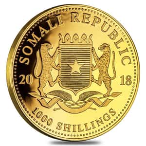 2018 SOMALIA 1 OZ GOLD AFRICAN ELEPHANT BU 1000 SHILLINGS IN CAP