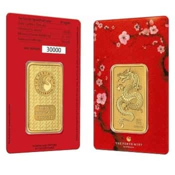 1 oz Perth Mint Year of the Dragon Gold Bar .9999 Fine (in Assay)