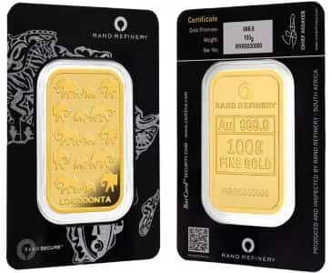 100 Gram Rand Refinery Gold Bar .9999 Fine (Africa Assay)