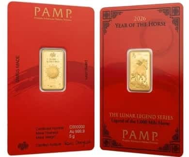 2026 1 oz PAMP Suisse Lunar Horse Gold Bar (in Assay) obverse 2026 1 oz PAMP Suisse Lunar Horse Gold Bar (in Assay) reverse 2026 1 oz PAMP Suisse Lunar Horse Gold Bar https://bullionexchanges.com/2026-1-oz-pamp-suisse-lunar-horse-gold-bar-in-assay