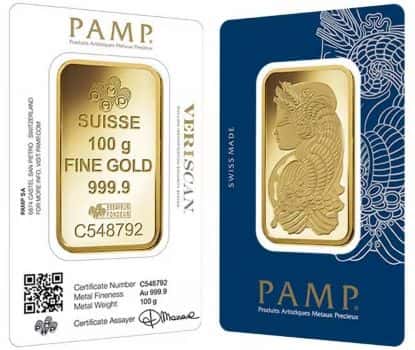 100 Gram Gold Bar PAMP Suisse Lady Fortuna Veriscan .9999 Fine (in Assay)