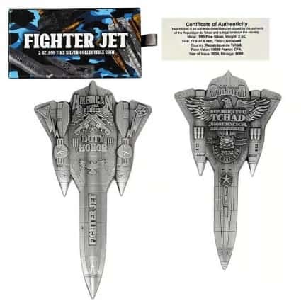 2024 Chad 2 oz Silver Fighter Jet Antiqued Shaped Coin .999 Fine