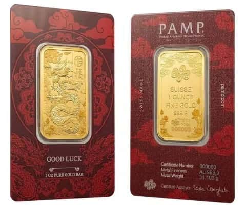 1 oz PAMP Suisse Good Luck Yellow Dragon Gold Bar .9999 Fine (in Assay)