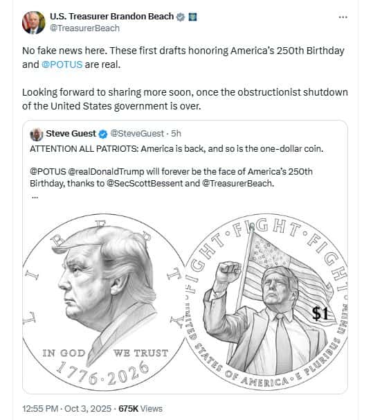 U.S. Treasurer Brandon Beach shared the draft design on social media, October 3, 2025.