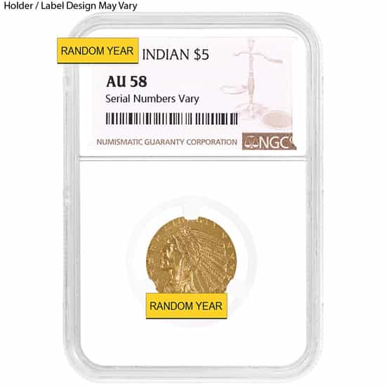 $5 Gold Half Eagle Indian Head NGC AU 58 (Random Year)