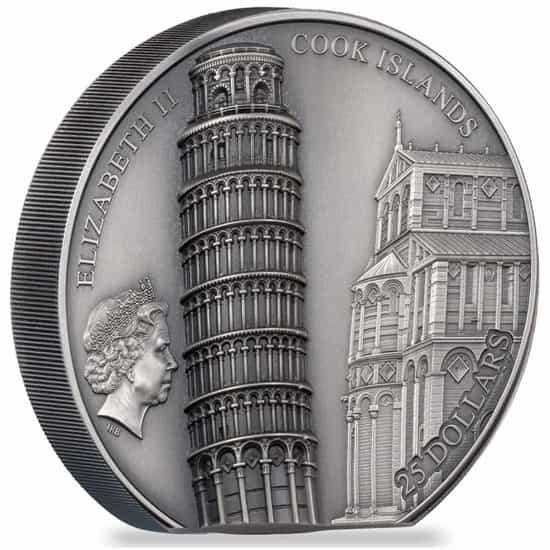 2022 Cook Islands 5 oz Silver Leaning Tower of Pisa Coin Antiqued