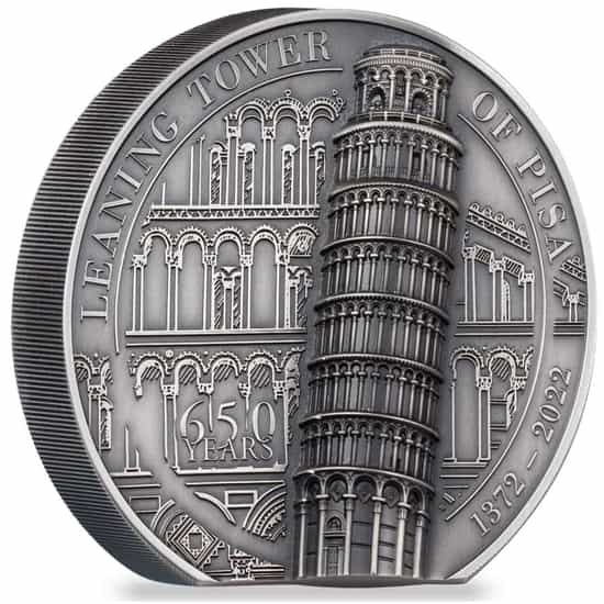 2022 Cook Islands 5 oz Silver Leaning Tower of Pisa Coin Antiqued