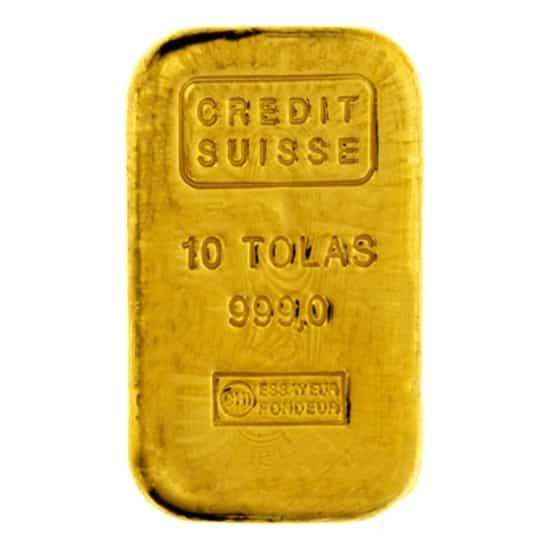 10 Tolas 3.75 oz Credit Suisse Gold Cast Bar .999 Fine