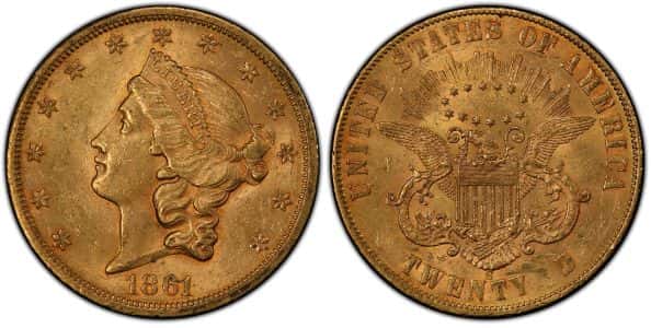 1861-S Liberty Double Eagle (Paquet Reverse)