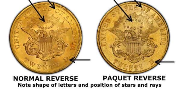 1861-S Liberty Double Eagle (Paquet Reverse) compare