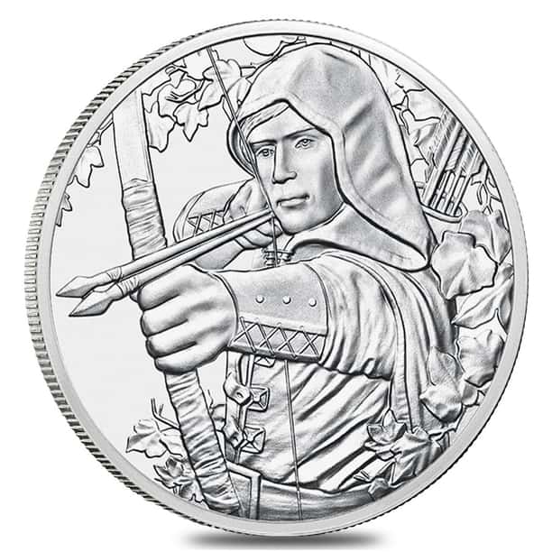 Robin Hood features on the coin's obverse, nocking two arrows in his bow