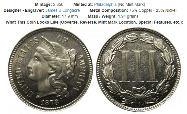 1878 Three Cent Nickel: Proof Only