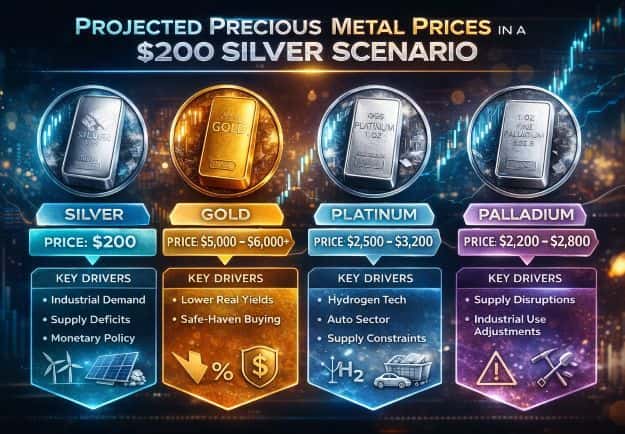 Projected Precious Metal Prices in a $200 Silver Scenario infographic