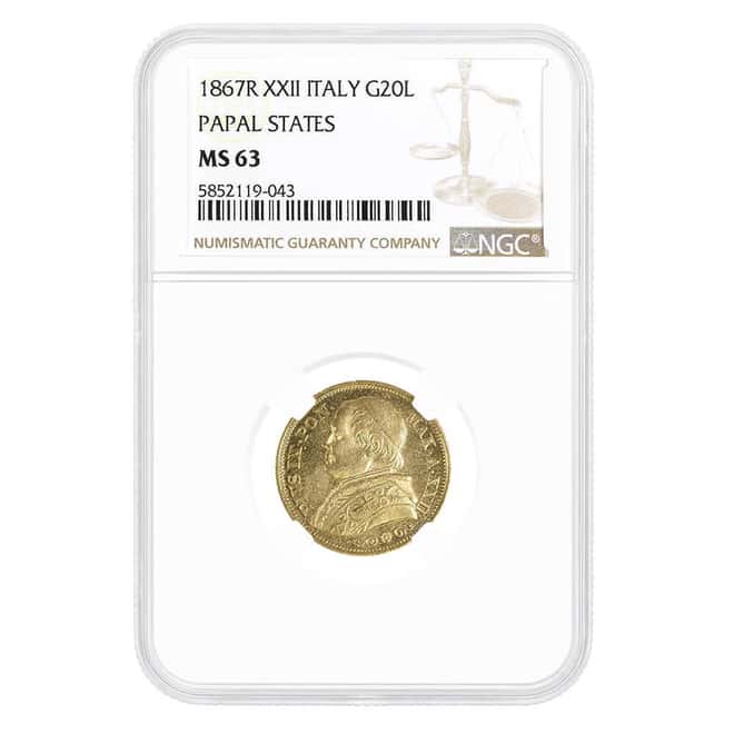 1867 XXI 20 Lire Italy Papal States Gold Coin NGC MS 63