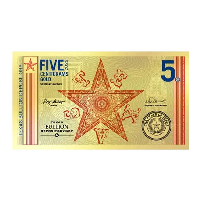 2025 5 Centigram Texas Longhorn Redback 24K Gold Foil Aurum Note