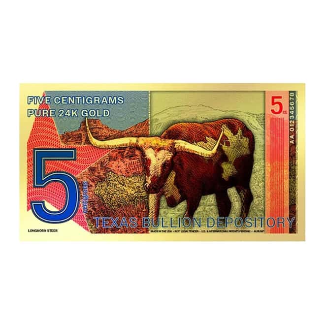2025 5 Centigram Texas Longhorn Redback 24K Gold Foil Aurum Note