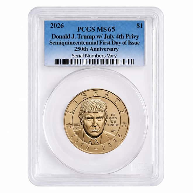 2026 (P) President Donald J. Trump July 4th Privy $1 Coin PCGS MS 65 FDOI (Blue)