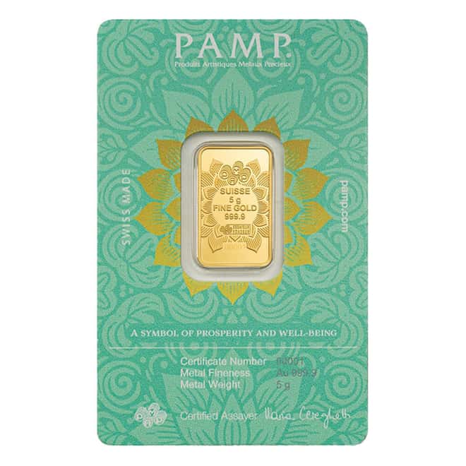 5 Gram PAMP Suisse Diwali Lakshmi & Sacred Elephant Gold Bar .9999 Fine (in Assay)