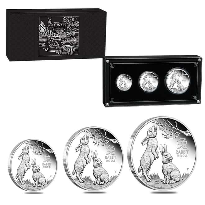 2023 3.5 oz Proof Silver Lunar Year of The Rabbit 3-Coin Set Australian Perth Mint (w/Box & COA)