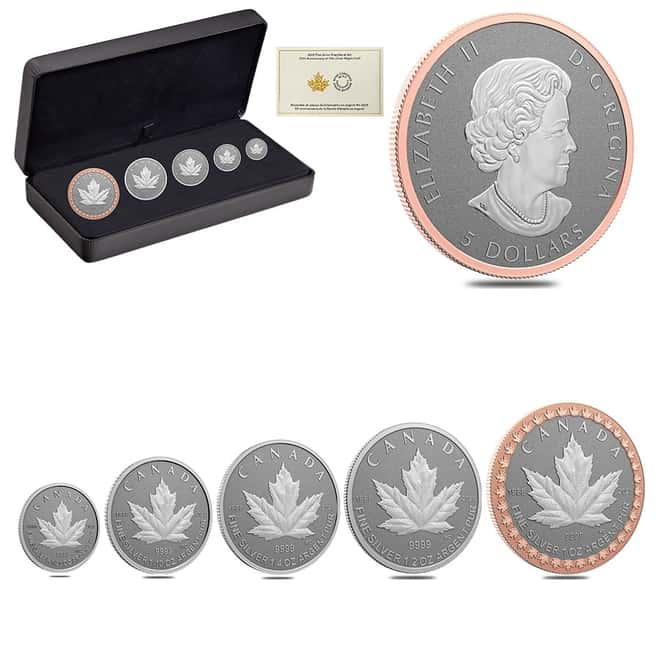 2023 Canada 1.9 oz Silver Maple Leaf 35th Anniv 5-Coin Set .9999 Fine (w/Box & COA)