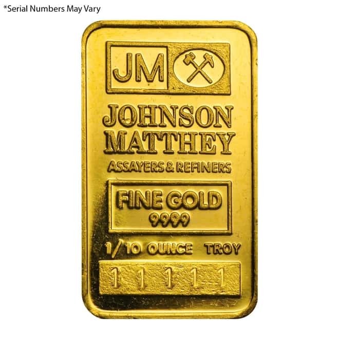 1/10 oz Johnson Matthey Gold Bar .9999 Fine