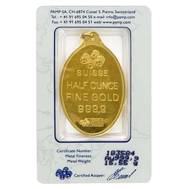 1/2 oz Gold PAMP Suisse Lady Fortuna Oval Pendant .9999 Fine (In Assay)