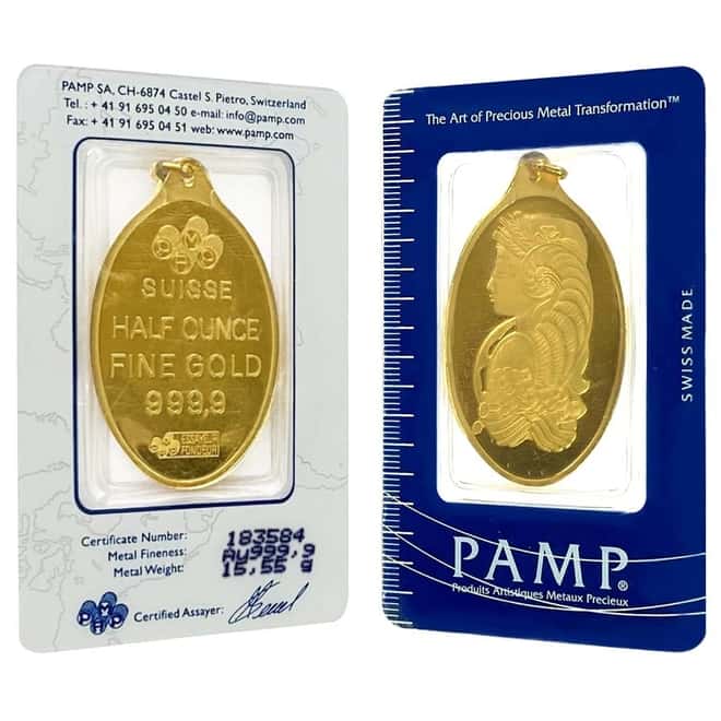 1/2 oz Gold PAMP Suisse Lady Fortuna Oval Pendant .9999 Fine (In Assay)