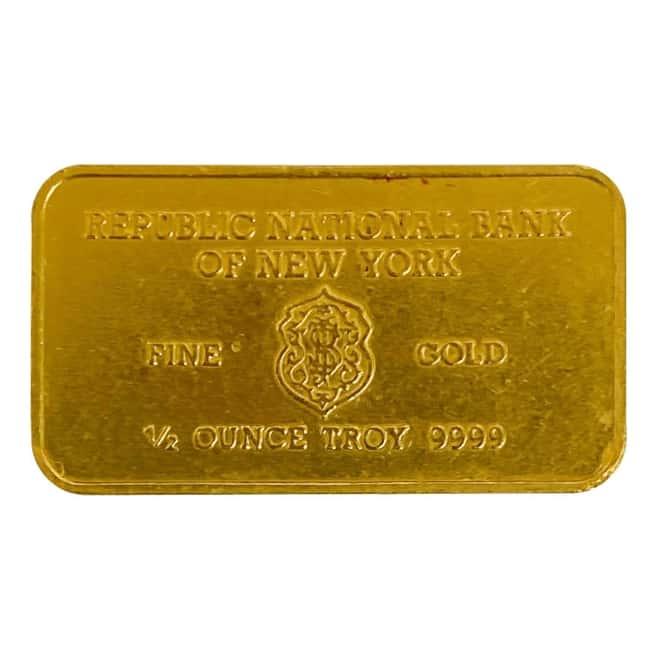 1/2 oz Heraeus Gold Bar - Republic National Bank of New York .9999 Fine