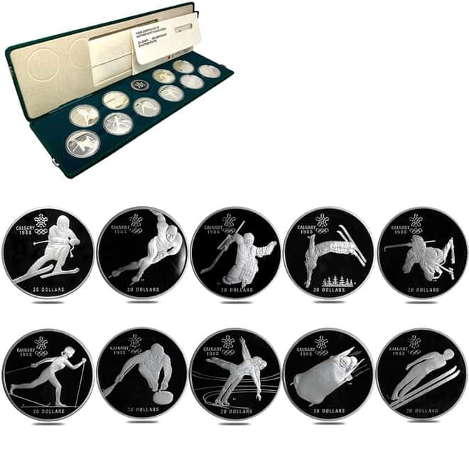 1985-1987 Canada 10 oz Calgary Olympics Proof Silver 10-Coin Set .925 Fine (w/Box & COA)