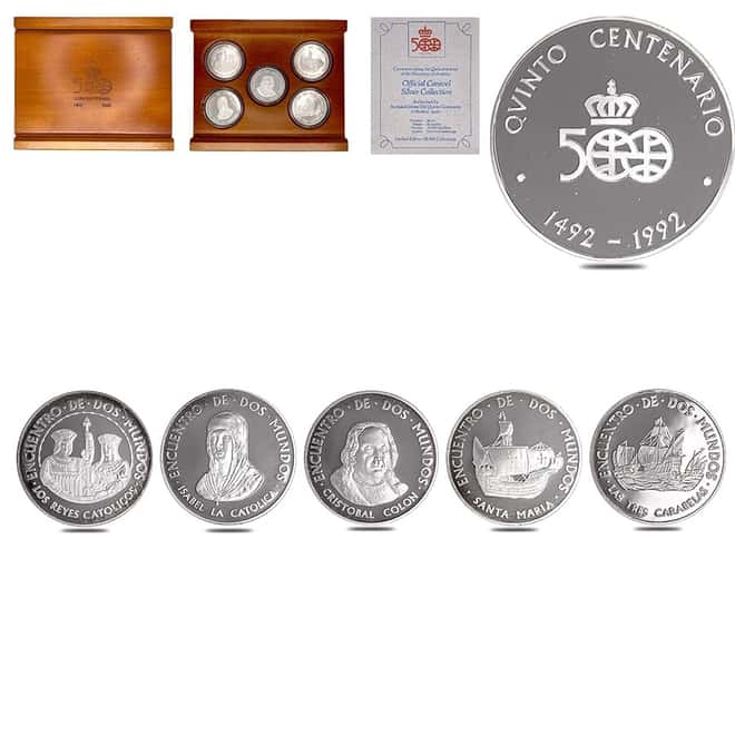 1992 Spain 3.46 oz Proof Silver Discovery of America 5-Medal Set .925 Fine (w/Box & COA)
