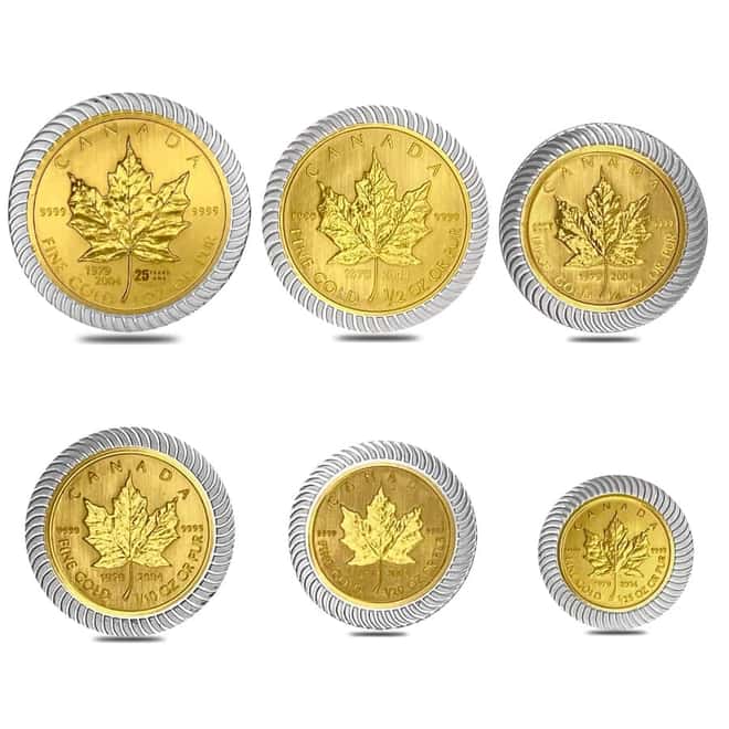 2004 Canada 1.94 oz Gold / Silver Maple Leaf 25th Ann. Bi-Metallic 6-Coin Set .9999 Fine (In Cap)